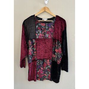 Velvet Patchwork Women’s Sweater‎ Top Vintage Sz L (?) Floral Grandma Core